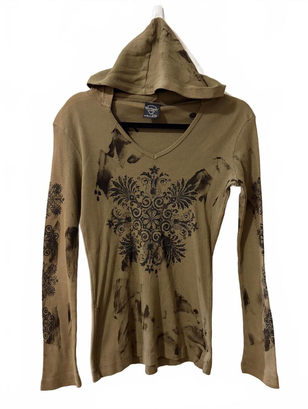 NWOT Sledge USA Womens L Olive Hooded V-Neck Long Sleeve Graphic Pullover Top
